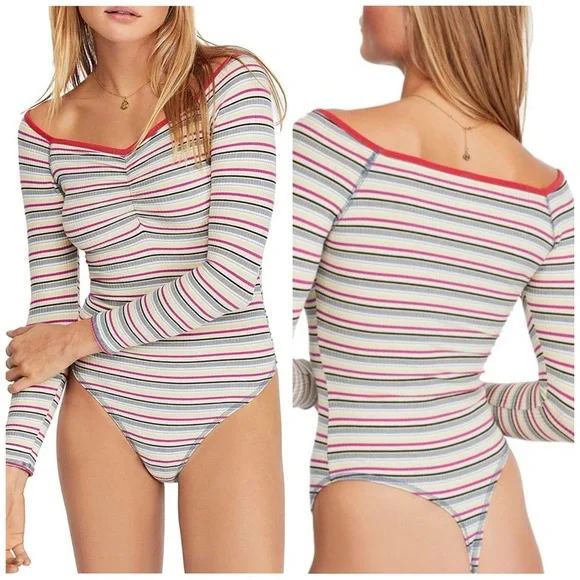 NWT Large Free People Put A Stripe On It Thong Bodysuit Vneck Long Sleeves - Picture 1 of 15